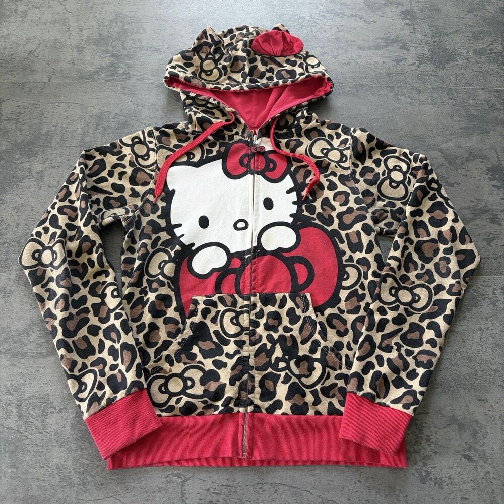 Y2K Rare Hello Kitty Leopard Print Full Zip Hoodie Brown Women Long Sleeve Sz L